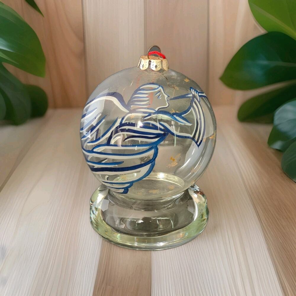 Christmas Ornament Inside Art Reverse Painted 3” Blown Glass Angel W/ Trumpet
